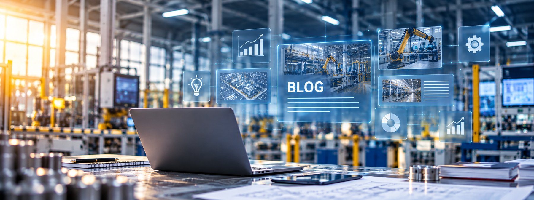 Digitales Blog-Panel und Laptop in der Fabrik (Symbolbild)